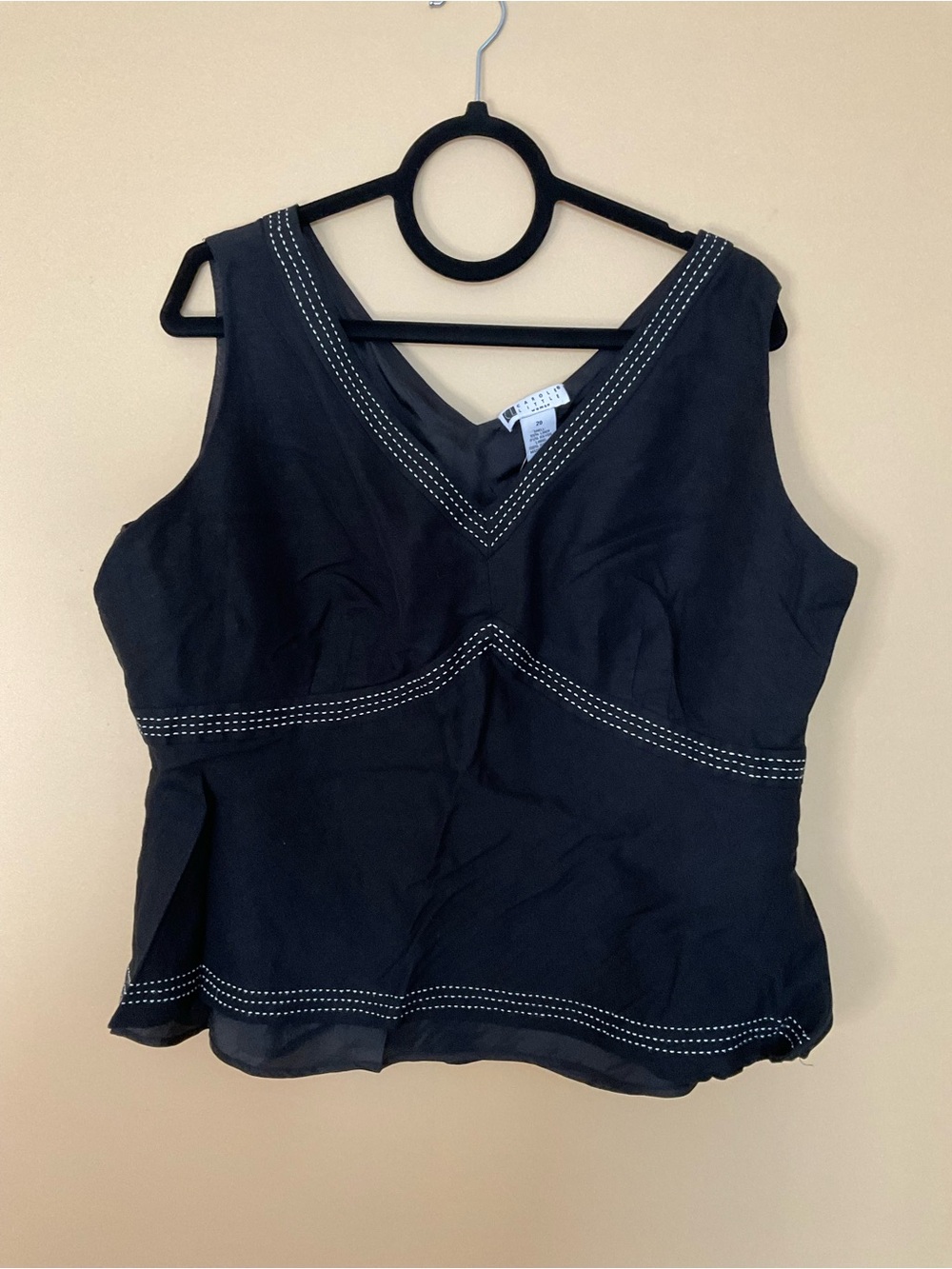 Carole Little Black Sleeveless V-Neck Top with White Contrast Stitching